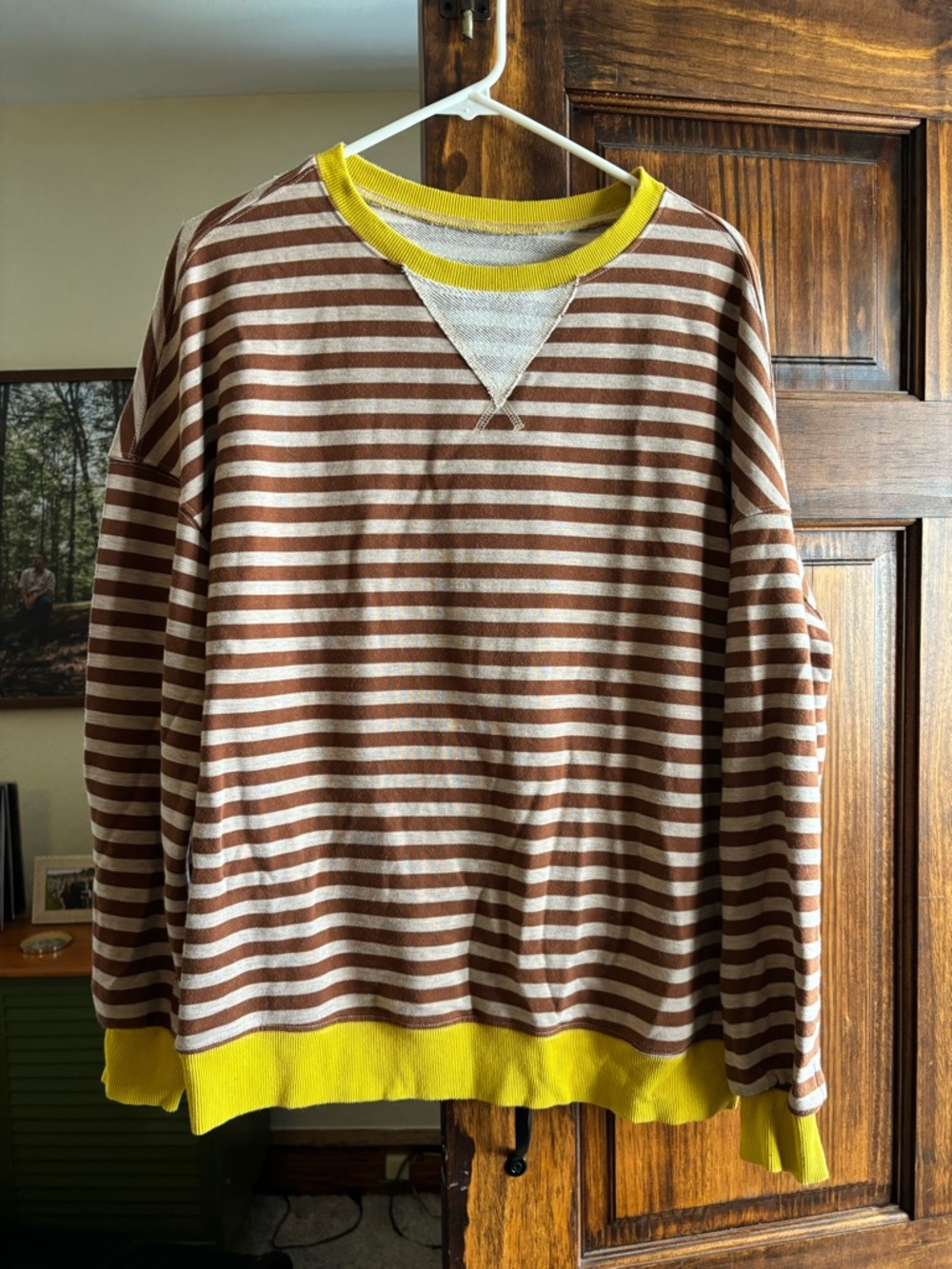 Striped Brown Crewneck with Yellow Trim